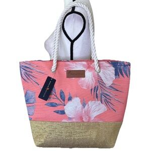 Margaritaville Tote Bag Coral Blue Gold Tropical Floral Pattern Tope Straps NEW
